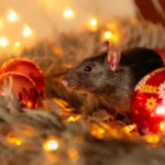 A black rat nestled among festive holiday decorations, including red ornaments and glowing string lights, highlighting the importance of holiday pest prevention. Contact Batzner Pest Control to keep your home pest-free this season!