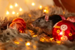 A black rat nestled among festive holiday decorations, including red ornaments and glowing string lights, highlighting the importance of holiday pest prevention. Contact Batzner Pest Control to keep your home pest-free this season!