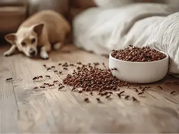 Dog unhappy watching ants eat the it's dogfood